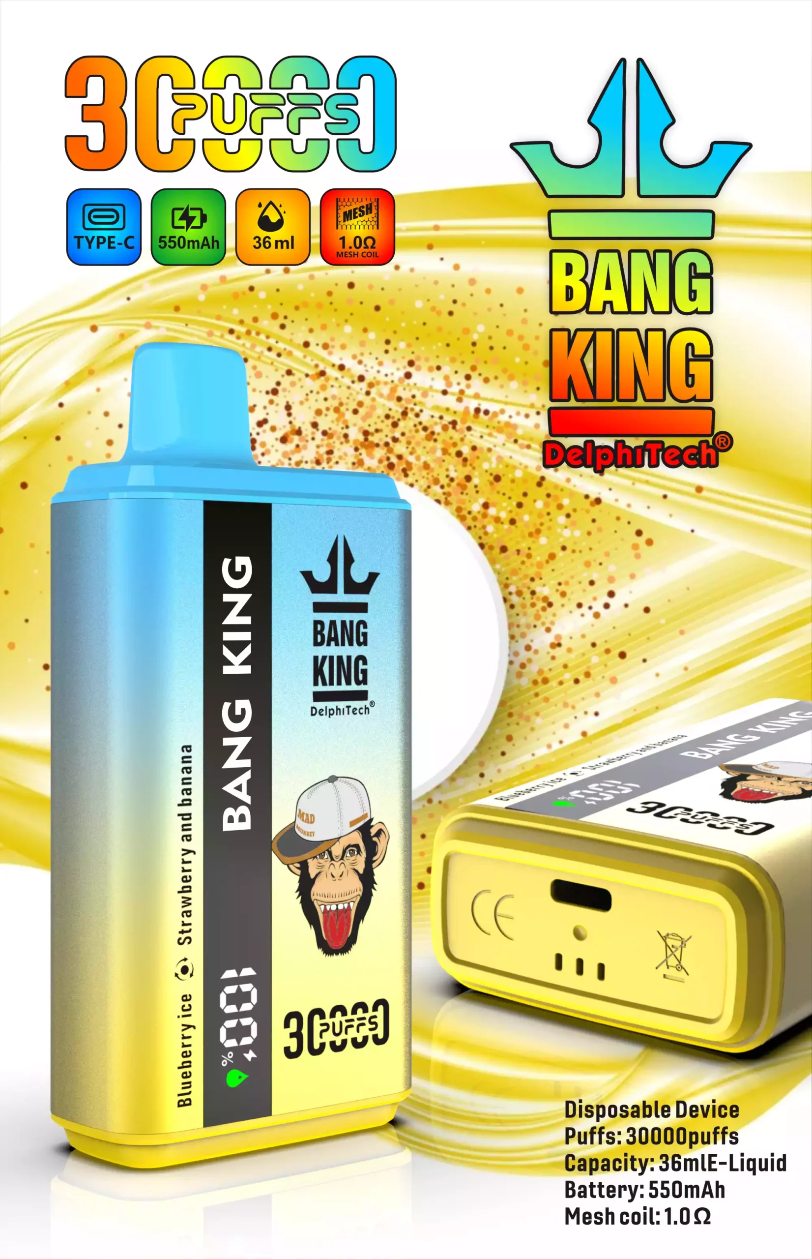 Bang King 30K Vape Dual Flavor 30000 Puffs Vape Smart Screen EU Warehouse Shipping Blueberry Ice & Strawberry And Banana Bang King 30K Vape Dual Flavor 30000 Puffs Vape Smart Screen EU Warehouse Shipping Blueberry Ice & Strawberry And Banana