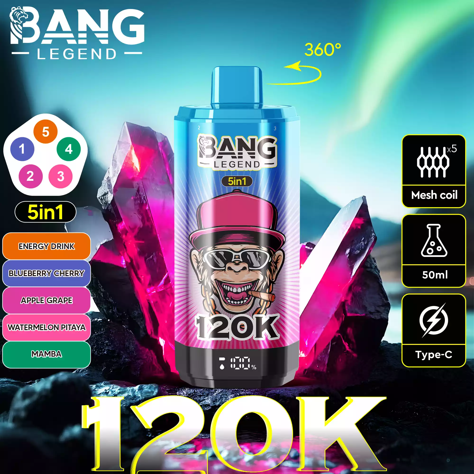 Bang Legend 120K Vape 5-in-1 Flavors 120,000 Puffs Disposable Vape Energy Drink & Blueberry Cherry & Apple Grape & Watermelon Pitaya & Mamba Bang Legend 120K Vape 5-in-1 Flavors 120,000 Puffs Disposable Vape Energy Drink & Blueberry Cherry & Apple Grape & Watermelon Pitaya & Mamba
